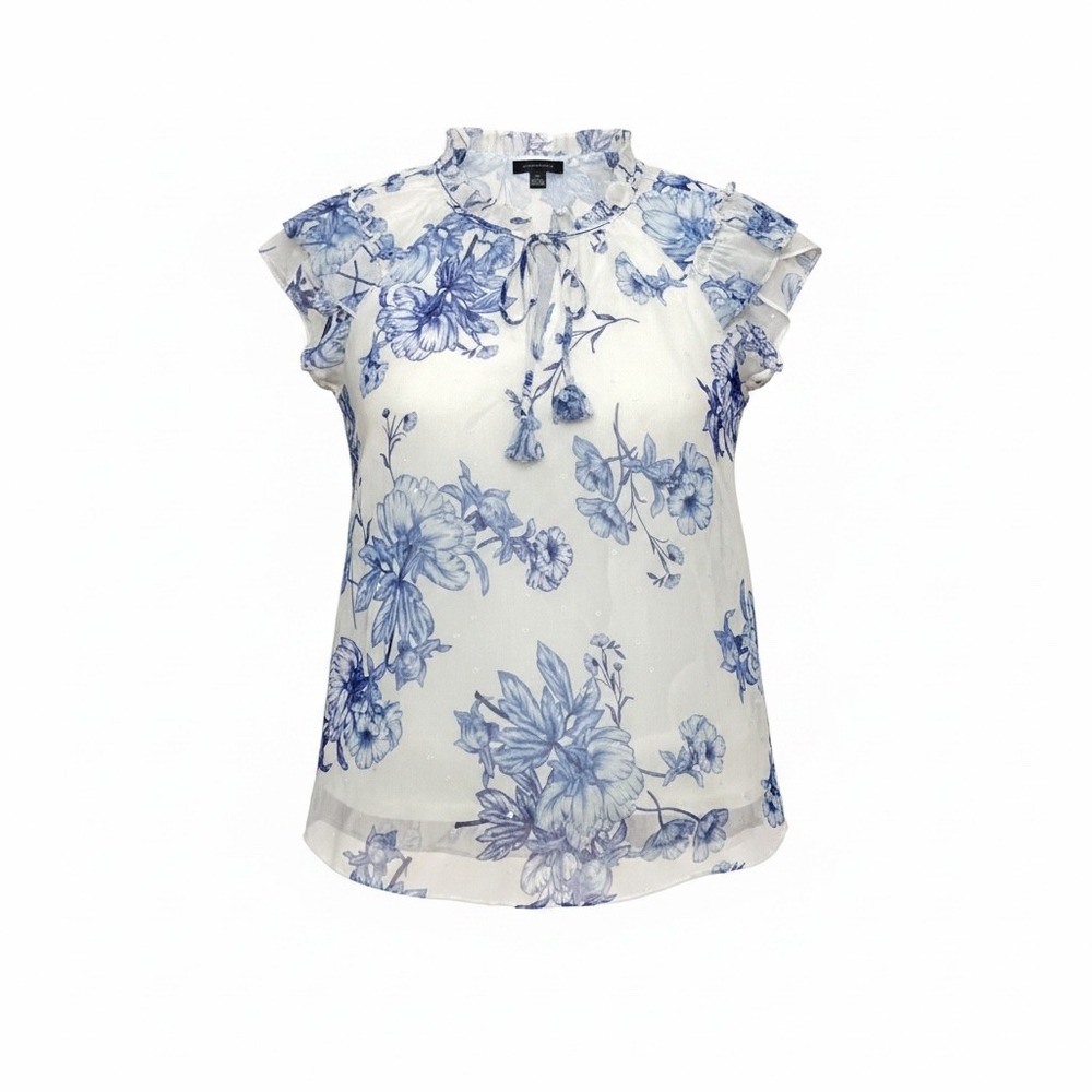 Tamara H. Women Blue White Floral Flutter Sleeve Blouse Tassel Tie Neck Large